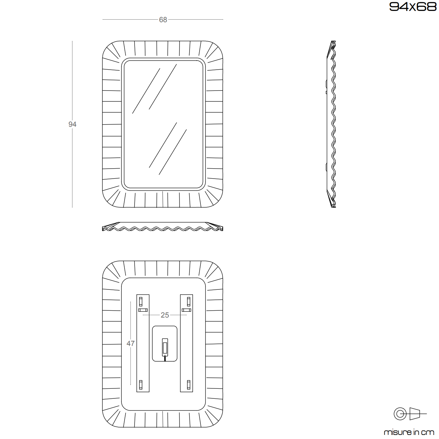 Specchio con Cornice in Vetro Nero 94x68 cm