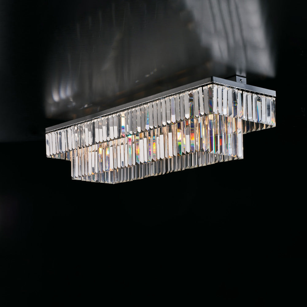 Plafoniera in ottone e ferro cromato con strass 8 luci H.28 - L.104 X 32