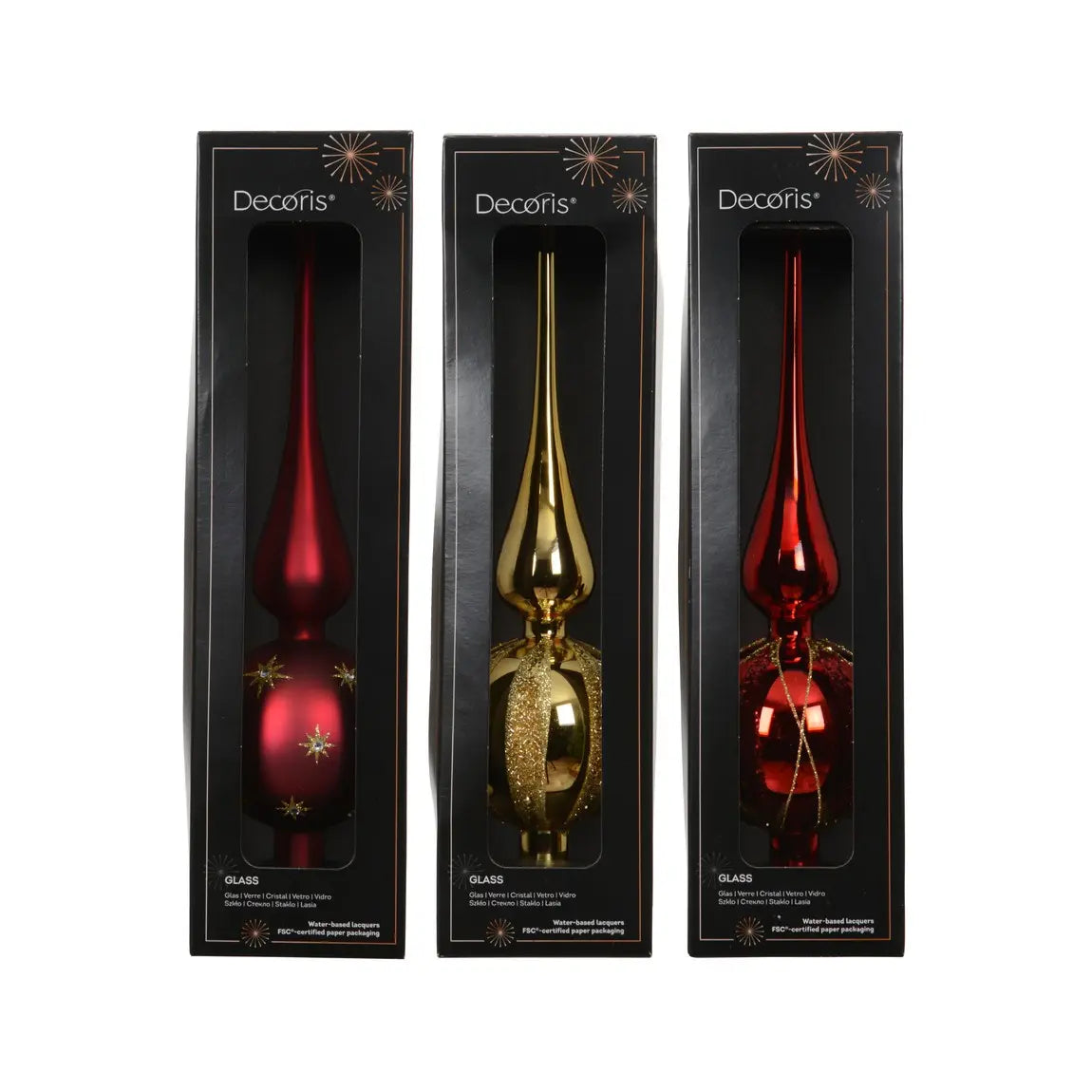 Puntale per albero di Natale in vetro rosso e oro Ø8 × H31 cm – 1 pezzo assortito