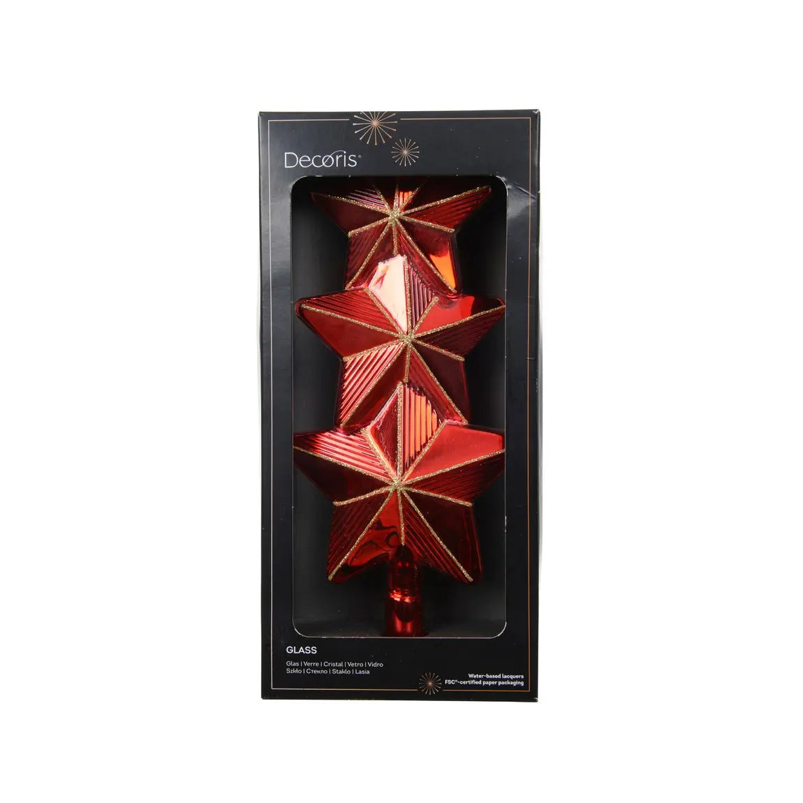 Puntale per albero di Natale in vetro con stelle rosse glitterate H27 cm