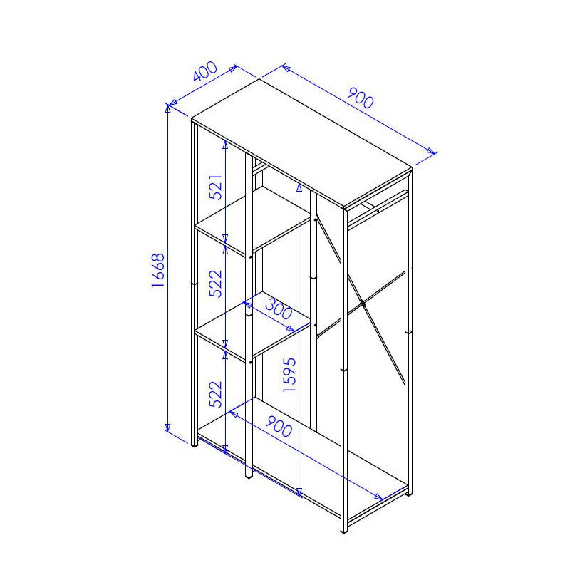 Porta abiti Hamilton con 3 ripiani in metallo nero e legno naturale cm 90×40×166,8