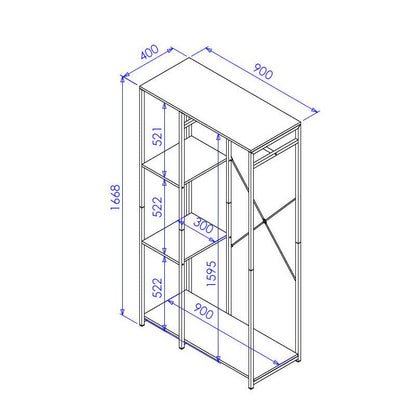 Porta abiti Hamilton con 3 ripiani in metallo nero e legno naturale cm 90×40×166,8