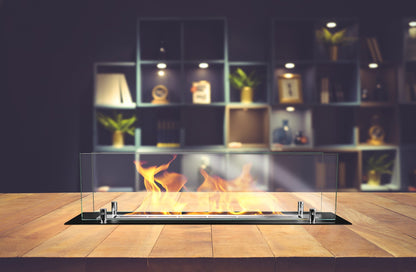 Bruciatore per camino a bioetanolo in acciaio con vetri da 65 cm