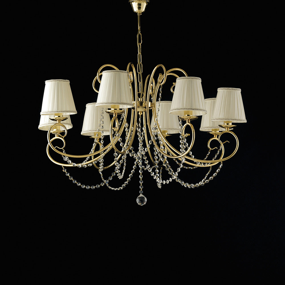 Lampadario in ferro  dorato 8 luci con paralumi H.58 - MAX 118 - Ø78